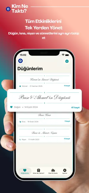 Düğünlerim ekranı: düğün, kına, nişan ve sünnet etkinlikleri ayrı ayrı listelenir