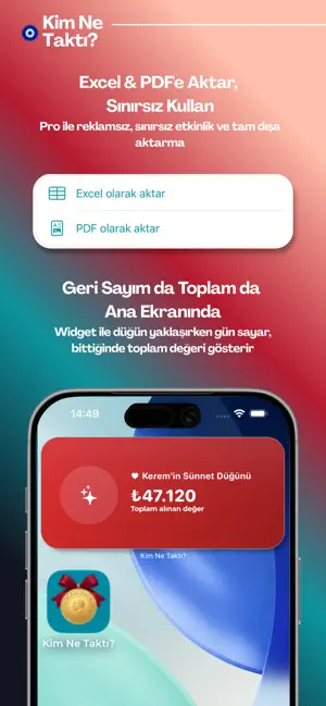 Excel ve PDF dışa aktarma ile ana ekran widget'ı